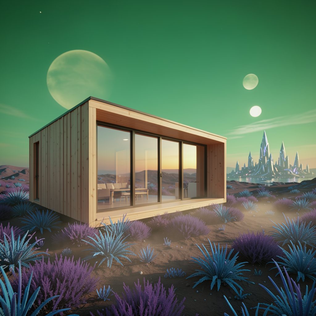 Casa modulare in legno posata su un paesaggio alieno, con due lune