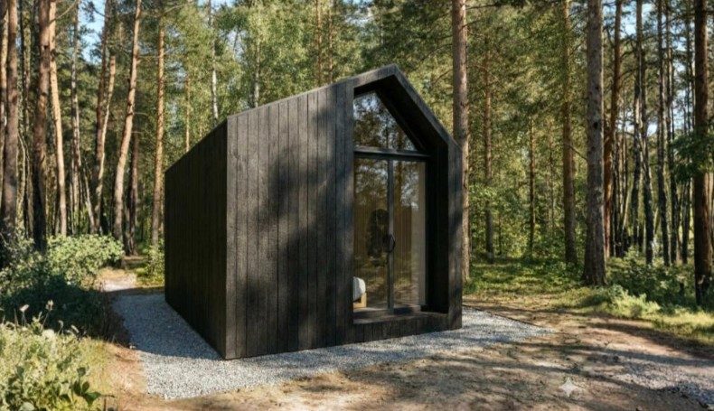 Tiny house in legno scuro immersa nel bosco